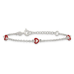 Sterling Silver Polished Red and White Enameled Hearts 6 inch with 1 inch extension Childrens Bracelet