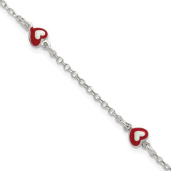 Sterling Silver Polished Red and White Enameled Hearts 6 inch with 1 inch extension Childrens Bracelet