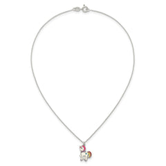 Sterling Silver Polished White and Rainbow Enameled Unicorn Childrens 14 inch Necklace