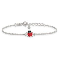 Sterling Silver Polished Red and Black Enameled Ladybug Childrens 5.5 inch with 1 inch Extension Bracelet