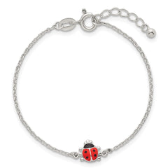 Sterling Silver Polished Red and Black Enameled Ladybug Childrens 5.5 inch with 1 inch Extension Bracelet