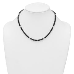 Sterling Silver Rhodium-plated Polished Pave CZ and Onyx 17 Inch with 3 Inch Extension Necklace