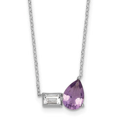 Sterling Silver Rhodium-plated Polished Pear Amethyst and Emerald-cut White Topaz 16 Inch with 2 Inch Extension Necklace