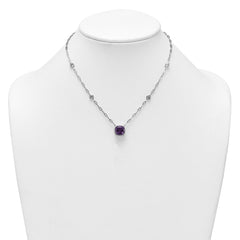 Sterling Silver Rhodium-plated Polished Cushion Amethyst and White Topaz 16 inch with 2 inch Extension Necklace