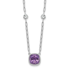 Sterling Silver Rhodium-plated Polished Cushion Amethyst and White Topaz 16 inch with 2 inch Extension Necklace