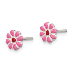 Sterling Silver Madi K Polished Pink & Red Enameled Flower Children's Post Earrings
