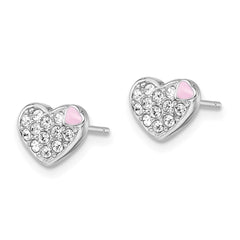 Sterling Silver Madi K Rhodium-plated Pink Enamel & Crystal Heart Children's Post Earrings