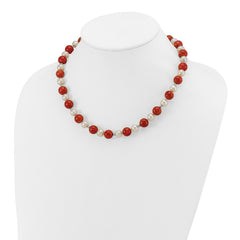 Sterling Silver Rhod-pltd FWC Pearl / Stabilized Red Coral Necklace