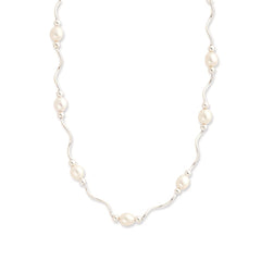 Sterling Silver Rhodium-plated 6-7mm White Rice Freshwater Cultured Pearl 16-Station 18 inch Necklace