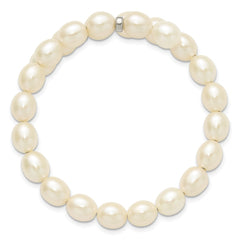 Sterling Silver Rhodium-plated 7-8mm White Rice Freshwater Cultured Pearl Flexible 7.5 inch Bracelet