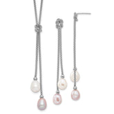 Sterling Silver Rhodium-plated 7-8mm Pink and White Teardrop Freshwater Cultured Pearl Knot 18 inch Necklace and Post Dangle Earrings Set