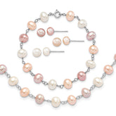 Sterling Silver Rhodium-plated 6-7mm White, Pink and Purple Semi-Round Freshwater Cultured Pearl 18 inch Necklace, 7.25 inch Bracelet and 3-piece Button Post Earrings Set