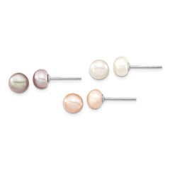 Sterling Silver Rhodium-plated 6-7mm White, Pink and Purple Semi-Round Freshwater Cultured Pearl 18 inch Necklace, 7.25 inch Bracelet and 3-piece Button Post Earrings Set - 2