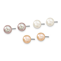 Sterling Silver Rhodium-plated 6-7mm White, Pink and Purple Semi-Round Freshwater Cultured Pearl 18 inch Necklace, 7.25 inch Bracelet and 3-piece Button Post Earrings Set - 2