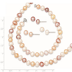 Sterling Silver Rhodium-plated 6-7mm White, Pink and Purple Semi-Round Freshwater Cultured Pearl 18 inch Necklace, 7.25 inch Bracelet and 3-piece Button Post Earrings Set - 2