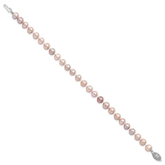 Sterling Silver Rhodium-plated 6-7mm Purple Near-Round Freshwater Cultured Pearl 7.25 inch Bracelet