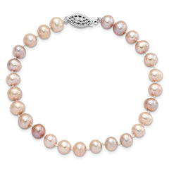 Sterling Silver Rhodium-plated 6-7mm Purple Near-Round Freshwater Cultured Pearl 7.25 inch Bracelet