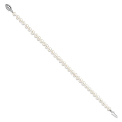 Sterling Silver Rhodium-plated 5-6mm White Near-Round Freshwater Cultured Pearl 7.25 inch Bracelet