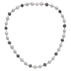 Sterling Silver Rhodium-plated 6-7mm Grey, Pink and Black Semi-Round Freshwater Cultured Pearl 18 inch Necklace, 7.25 inch Bracelet and 3-piece Button Post Earrings Set