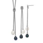 Sterling Silver Rhodium-plated 7-8mm Black and White Teardrop Freshwater Cultured Pearl Knot 18 inch Necklace and Post Dangle Earrings Set