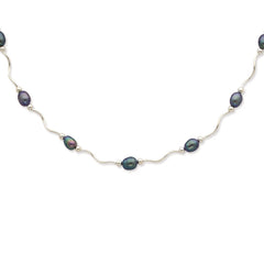 Sterling Silver Rhodium-plated 6-7mm Black Rice Freshwater Cultured Pearl 16-Station 18 inch Necklace