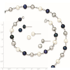 Sterling Silver Rhodium-plated 6-8mm White, Grey and Black Semi-Round Freshwater Cultured Pearl 18 inch Necklace and 7.25 inch Bracelet and 3-piece Button Post Earrings Set
