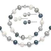 Sterling Silver Rhodium-plated 6-8mm White, Grey and Black Semi-Round Freshwater Cultured Pearl 18 inch Necklace and 7.25 inch Bracelet and 3-piece Button Post Earrings Set