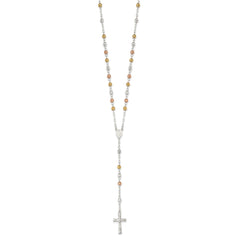Sterling Silver Tri-color Polished Textured Bead Rosary 26 inch Necklace