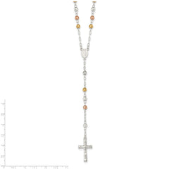 Sterling Silver Tri-color Polished Textured Bead Rosary 26 inch Necklace