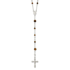Sterling Silver Polished Tiger Eye Bead Rosary 33 inch Necklace
