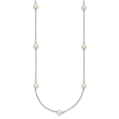 Sterling Silver Rhodium-plated 5-6mm White Near-Round Freshwater Cultured Pearl 8-Station 16 inch Necklace
