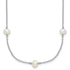 Sterling Silver Rhodium-plated 4-5mm White Near-Round Freshwater Cultured Pearl 9-Station 18 inch Necklace