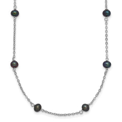 Sterling Silver Rhodium-plated 4-5mm Black Semi-Round Freshwater Cultured Pearl 8-Station 16 inch Necklace