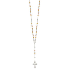 Sterling Silver Polished White Rose and Yellow Bead Rosary 18 inch Necklace