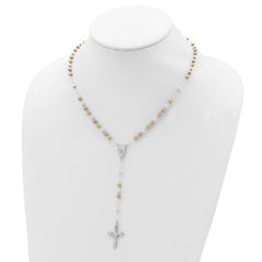Sterling Silver Polished White Rose and Yellow Bead Rosary 18 inch Necklace