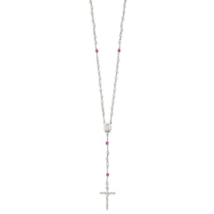 Sterling Silver Polished Crystal Rose Quartz Rosary Necklace