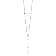 Sterling Silver Polished and Black Crystal Bead Rosary 23.5 inch Necklace