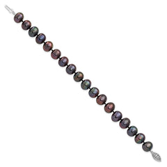 Sterling Silver Rhodium-plated 9-10mm Black Near-Round Freshwater Cultured Pearl 7.25 inch Bracelet