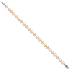 Sterling Silver Rhodium-plated 7-8mm Pink Near-Round Freshwater Cultured Pearl 7.25 inch Bracelet