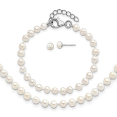 Sterling Silver Rhodium-plated 4-5mm White Semi-Round Freshwater Cultured Pearl 14 inch Necklace, 5 inch Bracelet and Post Earrings Set