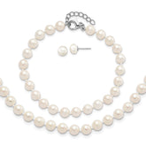 Sterling Silver Rhodium-plated 6-7mm White Semi-Round Freshwater Cultured Pearl 18 inch with 2 inch Extension Necklace, 7 inch Bracelet and Button Post Earrings Set
