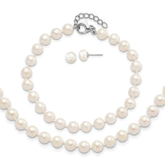 Sterling Silver Rhodium-plated 6-7mm White Semi-Round Freshwater Cultured Pearl 18 inch with 2 inch Extension Necklace, 7 inch Bracelet and Button Post Earrings Set