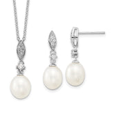 Sterling Silver Rhodium-plated 8-9mm White Teardrop Freshwater Cultured Pearl and CZ 17 inch Necklace and Post Dangle Earrings Set - 2