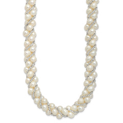 Sterling Silver Rhodium-plated 6-7mm White Near-Round Pearl and Glass Beaded Twisted 18 inch Necklace