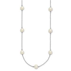 Sterling Silver Rhodium-plated 7-8mm White Near-Round Freshwater Cultured Pearl 9-Stations18 inch Necklace
