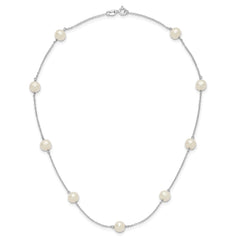 Sterling Silver Rhodium-plated 7-8mm White Near-Round Freshwater Cultured Pearl 9-Station 16 inch Necklace