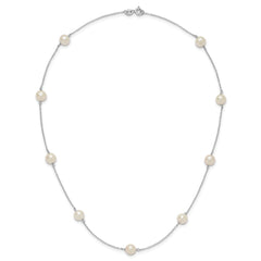 Sterling Silver Rhodium-plated 7-8mm White Near-Round Freshwater Cultured Pearl 9-Stations18 inch Necklace