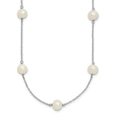 Sterling Silver Rhodium-plated 7-8mm White Near-Round Freshwater Cultured Pearl 9-Station 16 inch Necklace