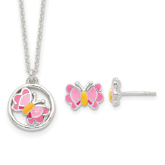 Sterling Silver Polished & Pink/Orange Enameled Butterfly Children's Earrings & 14in Necklace Set