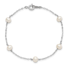 Sterling Silver Rhodium-plated 4-5mm White Semi-Round Freshwater Cultured Pearl 5-Station 7 inch Bracelet